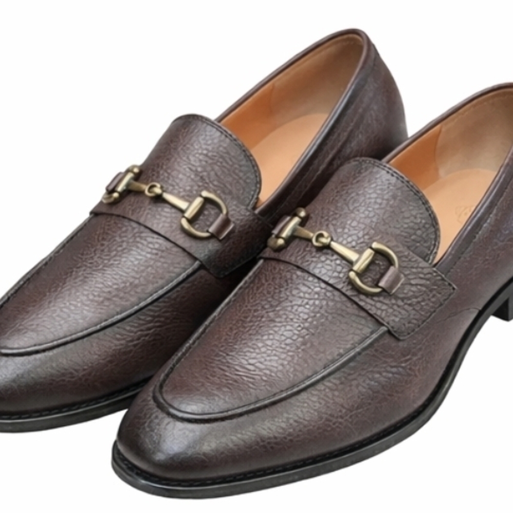 Elegant Brown Leather Loafers with Gold Detail Crafted With Textured  Leather.